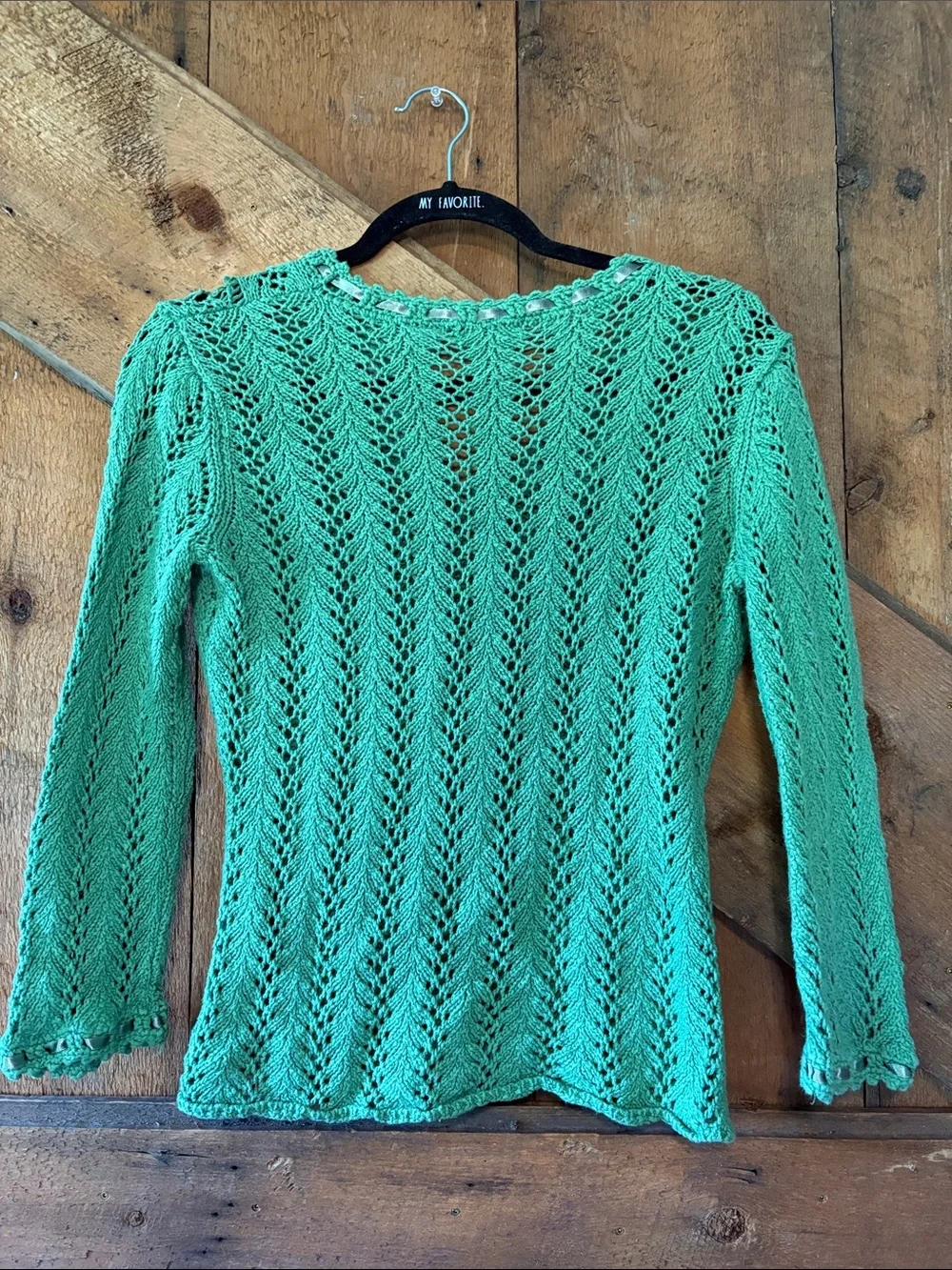 Marshall Fields Green Open Knit Ribbon Trim V-Neck Sweater Made in Italy Size M